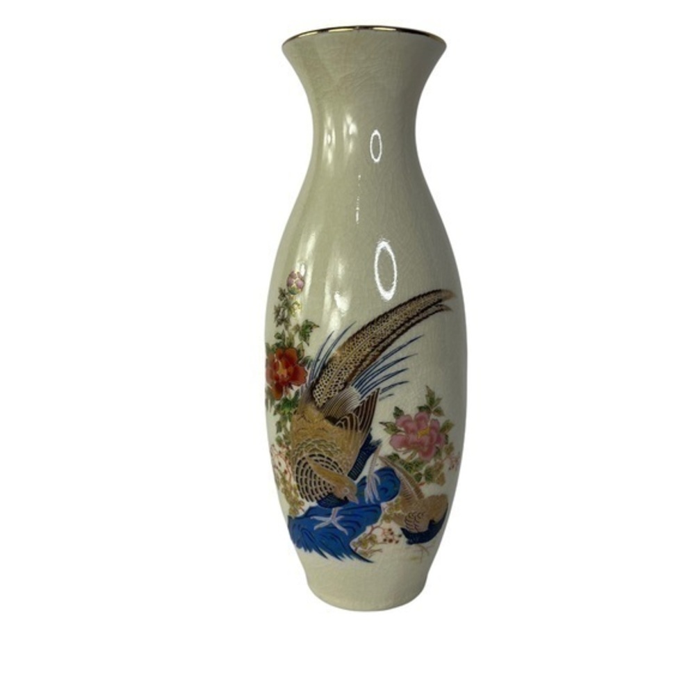 Satsuma Japan Peacock Floral Tall Vase Jar Porcelain Gold Trim Asia Tall 11